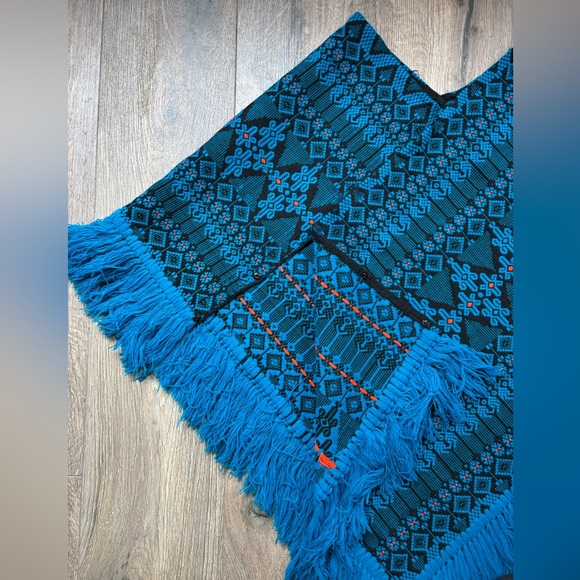 Vintage Guatemalan PONCHO Blue Black Orange Brocade Cotton Blend Hand Loomed - Picture 10 of 14